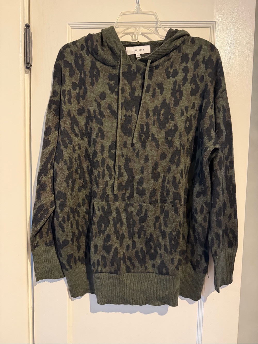 John & Jenn Olive Green camo-Print Knit Hoodie Sweater